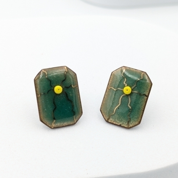 Hand crafted artisan earrings green and yellow enamel - Picture 2 of 5